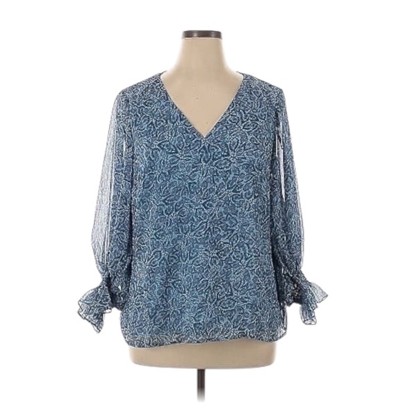 1.STATE Blouse V-Neck Blue Print - Picture 1 of 2